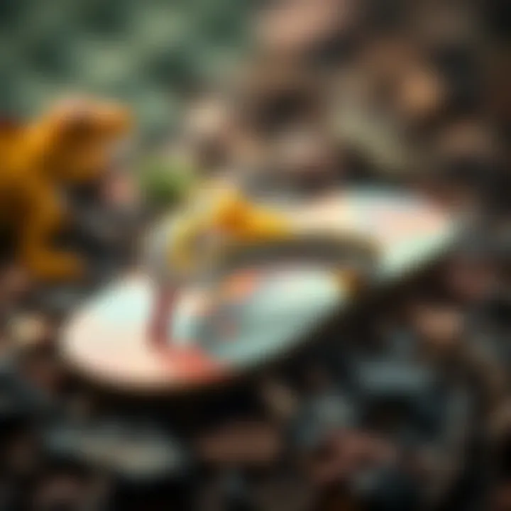 Eco-Friendly Materials in Dinosaur Flip Flops Eco-friendly materials used in crafting dinosaur flip flops displayed artistically