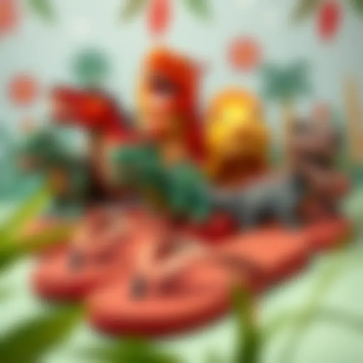 Diverse Styles of Dinosaur Flip Flops A playful arrangement of various dinosaur flip flop styles against a playful backdrop