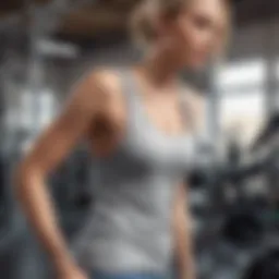 Stylish crew neck tank top in a gym setting accentuating flexibility