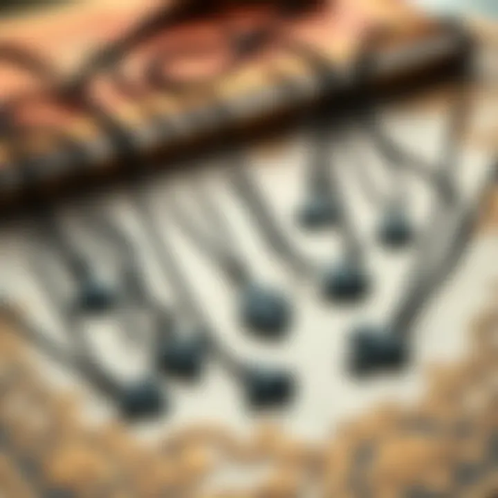 Stylish Arrangement of Black Spade Necklaces A stylish arrangement of various black spade necklaces on a decorative surface