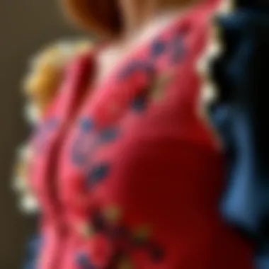 Close-up view of a vintage bustier's exquisite embroidery and textile choice